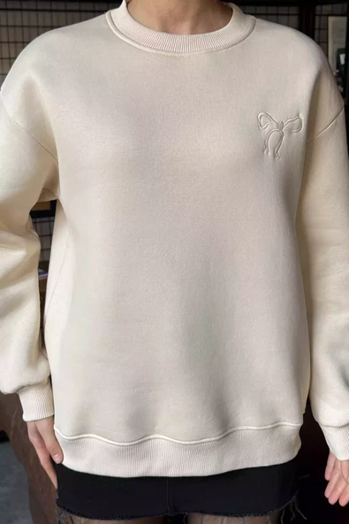 Bej Kadın Fiyonk Nakışlı Şardonlu Sweatshirt - 3