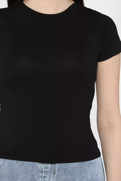 Siyah Kadın Bisiklet Yaka T-shirt - 4