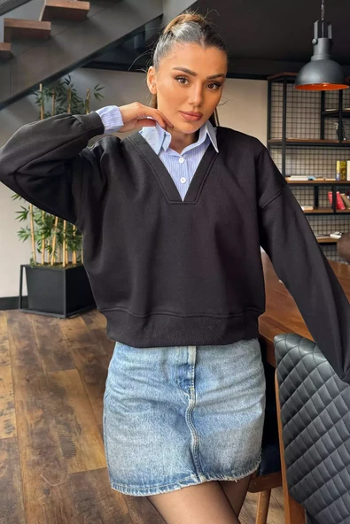 Siyah Kadın Üç İplik Şardonlu Gömlek Garnili Sweatshirt - 2