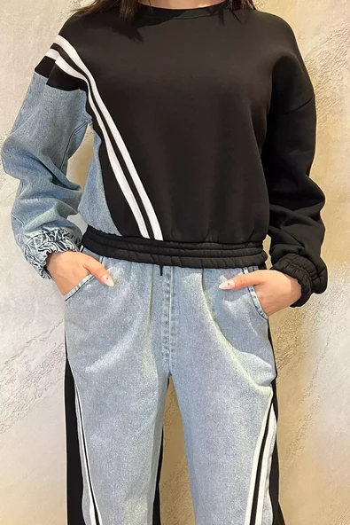 Siyah Kadın Kot Garnili Şardonlu Sweat Pantolon İkili Takım - 3