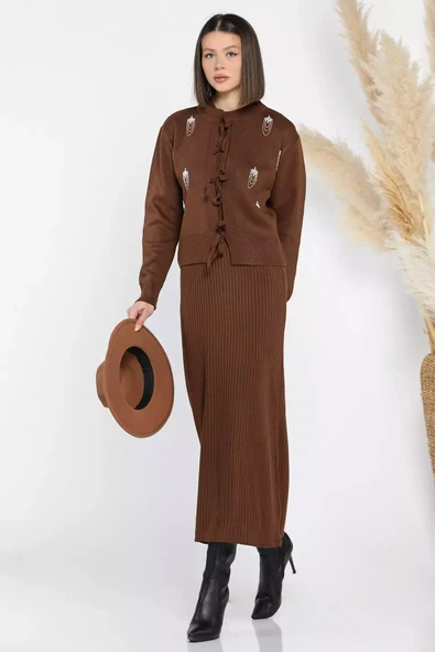 Kahve Kadın İnci Ve Taş İşlemeli Triko Elbise Hırka İkili Takım - 2