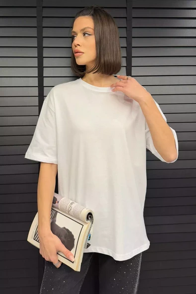 Beyaz Kadın Bisiklet Yaka Oversize Basic Tişört - 2