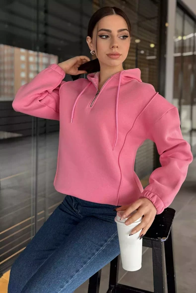Pembe Yarım Fermuarlı Üç İplik Şardonlu Kadın Sweatshirt - 3