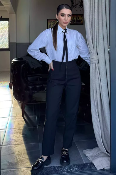Siyah Kadın Yüksek Bel Pantolon - 2