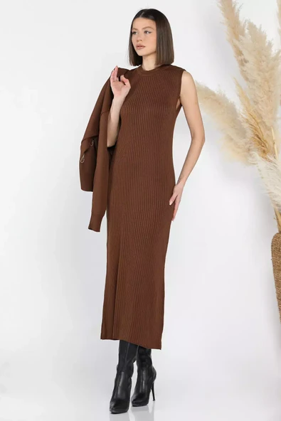 Kahve Kadın İnci Ve Taş İşlemeli Triko Elbise Hırka İkili Takım - 3