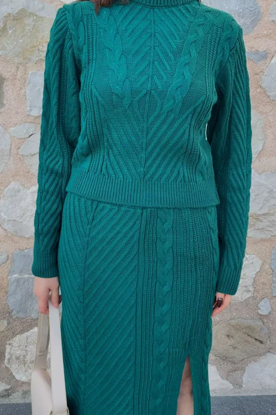 Zümrüt Yeşili Kadın Örme Triko Bluz Etek İkili Takım - 4