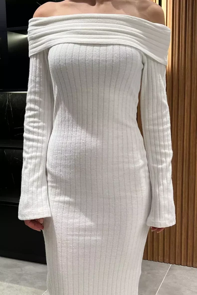 Beyaz Madonna Yaka Kadın Uzun Elbise - 3