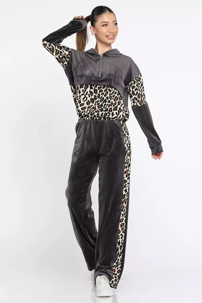 Füme Kadın Leopar Garnili Yarım Fermuarlı Kadife Sweat Pantolon Eşofman Takımı - 2