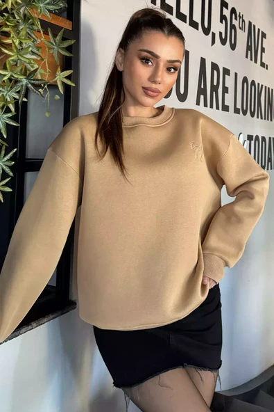 Bisküvi Kadın Fiyonk Nakışlı Şardonlu Sweatshirt - 2