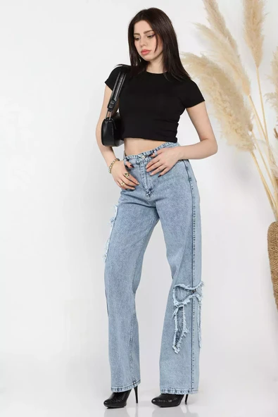 Mavi Yan Kurdele Detaylı Kadın Bol Paça Jean Kot Pantolon - 2