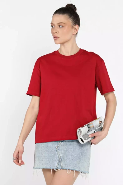 Bordo Bisiklet Yaka Kadın Basic Tişört - 1