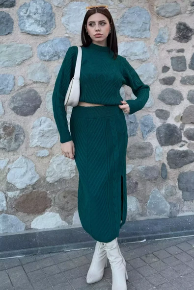 Zümrüt Yeşili Kadın Örme Triko Bluz Etek İkili Takım - 3