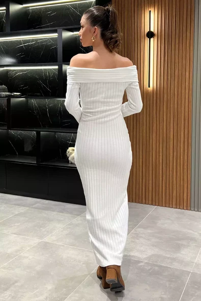 Beyaz Madonna Yaka Kadın Uzun Elbise - 4