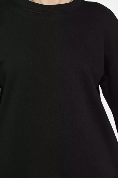 Siyah Kadın Üç İplik Şardonlu Bisiklet Yaka Sweatshirt - 4