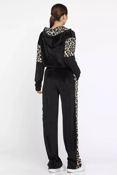 Siyah Kadın Leopar Garnili Yarım Fermuarlı Kadife Sweat Pantolon Eşofman Takımı - 3
