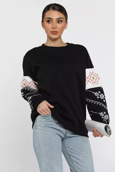 Siyah Kol Nakışlı Kadın Şardonlu Bisiklet Yaka Sweatshirt - 2