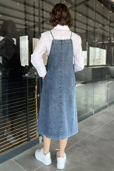 Koyumavi Kadın Ayarlanabilir Askılı Cepli Jean Kot Salopet Elbise - 3