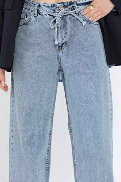 Mavi Bel Bağlamalı Bol Paça Kadın Jean Kot Pantolon - 4