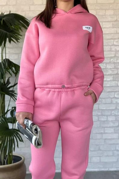 Pembe Kadın Üç İplik Şardonlu Eşofman Takımı - 3
