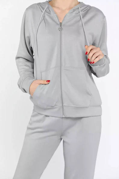 Gri Kadın Cepli Fermuarlı Sweat Pantolon Eşofman Takımı - 4