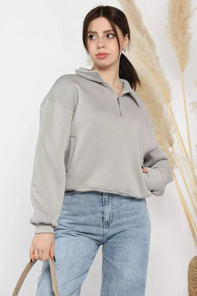 Gri Dik Yaka Yarım Fermuarlı Şardonlu Kadın Sweatshirt - 1