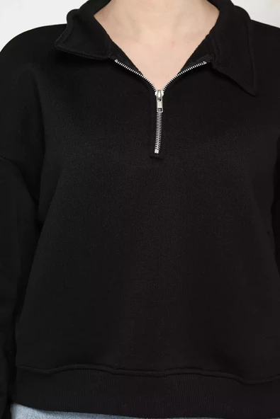 Siyah Dik Yaka Yarım Fermuarlı Şardonlu Kadın Sweatshirt - 4