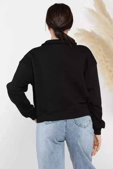 Siyah Dik Yaka Yarım Fermuarlı Şardonlu Kadın Sweatshirt - 3