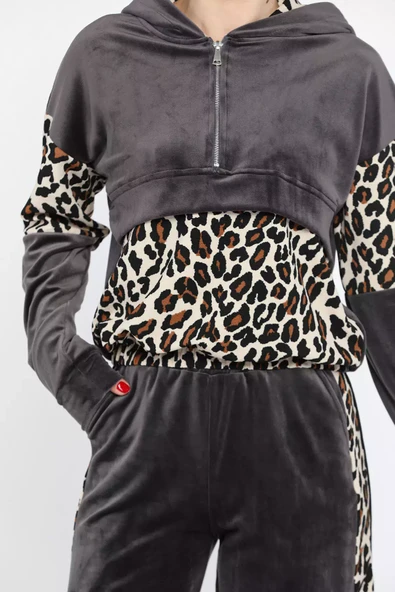 Füme Kadın Leopar Garnili Yarım Fermuarlı Kadife Sweat Pantolon Eşofman Takımı - 4