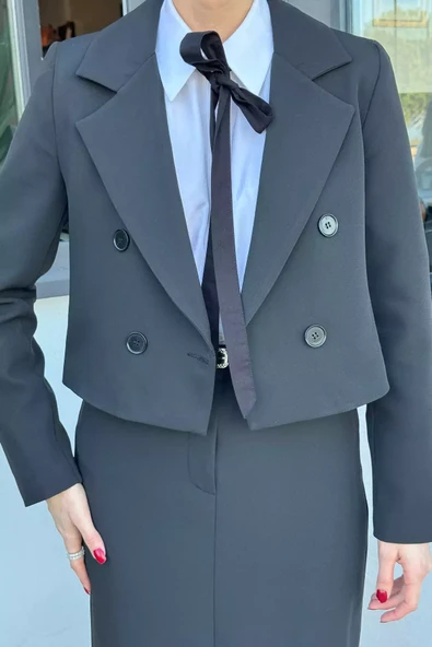 Siyah Kadın Crop Ceket Etek İkili Takım - 3