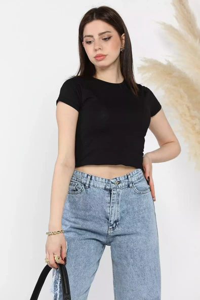 Siyah Kadın Bisiklet Yaka T-shirt - 1