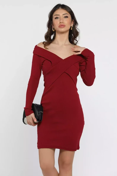 Bordo Kadın Çapraz Yaka Mini Elbise - 2