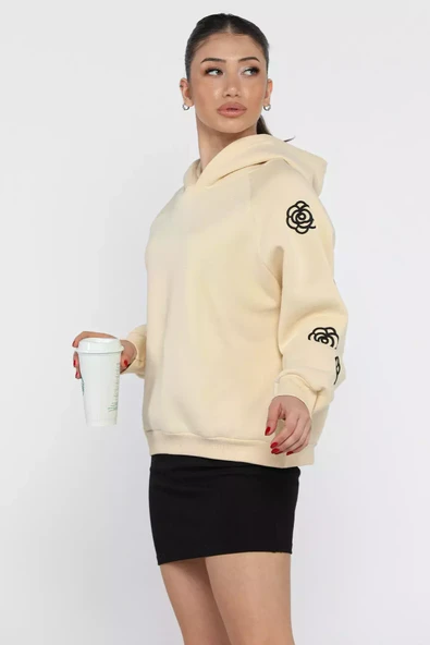 Bej Kadın Kapüşonlu Kol Nakış Detaylı Şardonlu Sweatshirt - 1