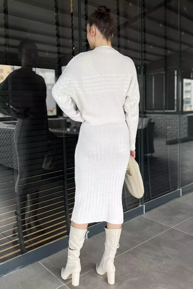 Krem Kadın Bluz Elbise Kombinli İkili Triko Takım - 3