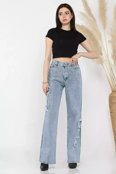 Mavi Yan Kurdele Detaylı Kadın Bol Paça Jean Kot Pantolon - 1