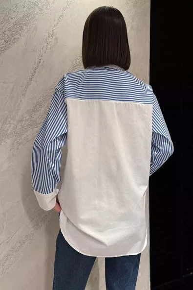 Mavi Çizgili Oversize Kadın Gömlek - 4