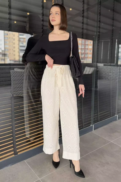 Bej Kadın Yüksek Bel Fistolu Bel Lastikli Kuşaklı Pantolon - 7