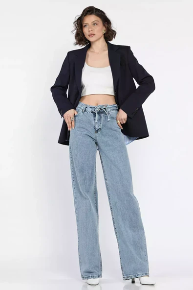 Mavi Bel Bağlamalı Bol Paça Kadın Jean Kot Pantolon - 2