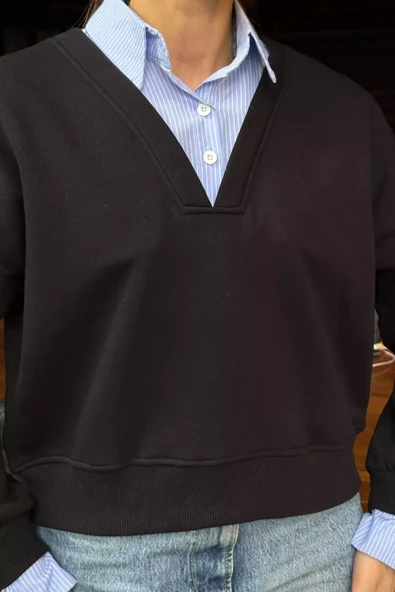 Siyah Kadın Üç İplik Şardonlu Gömlek Garnili Sweatshirt - 3