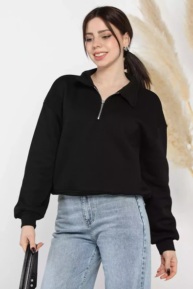 Siyah Dik Yaka Yarım Fermuarlı Şardonlu Kadın Sweatshirt - 1