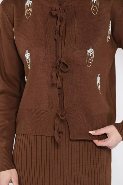 Kahve Kadın İnci Ve Taş İşlemeli Triko Elbise Hırka İkili Takım - 5