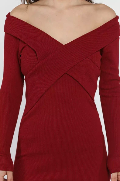 Bordo Kadın Çapraz Yaka Mini Elbise - 4