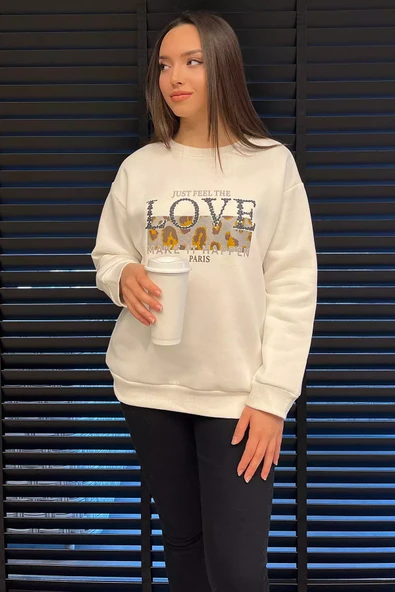 Krem Kadın Bisiklet Yaka Üç İplik Şardonlu Sweatshirt - 1