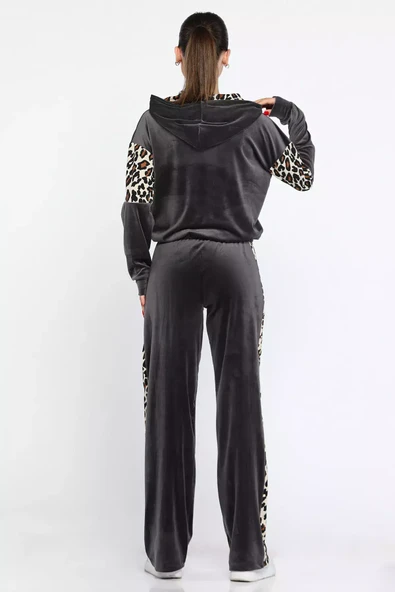 Füme Kadın Leopar Garnili Yarım Fermuarlı Kadife Sweat Pantolon Eşofman Takımı - 3