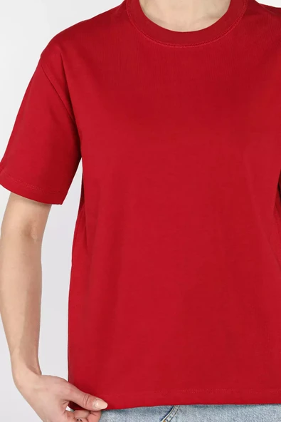 Bordo Bisiklet Yaka Kadın Basic Tişört - 4