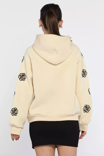 Bej Kadın Kapüşonlu Kol Nakış Detaylı Şardonlu Sweatshirt - 3
