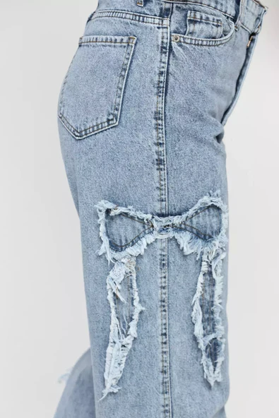 Mavi Yan Kurdele Detaylı Kadın Bol Paça Jean Kot Pantolon - 4