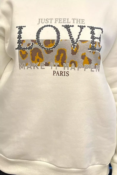 Krem Kadın Bisiklet Yaka Üç İplik Şardonlu Sweatshirt - 3