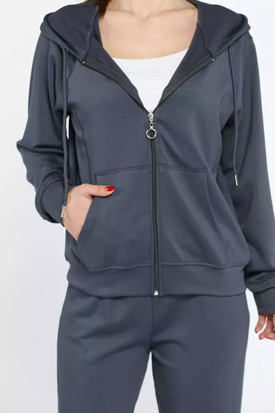 Füme Kadın Cepli Fermuarlı Sweat Pantolon Eşofman Takımı - 4