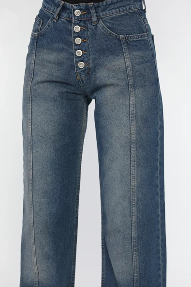 Mavi Tint Ön Detaylı Kadın Bol Paça Mom Jean Kot Pantolon - 4