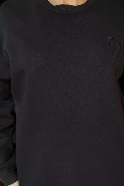 Siyah Kadın Fiyonk Nakışlı Şardonlu Sweatshirt - 3